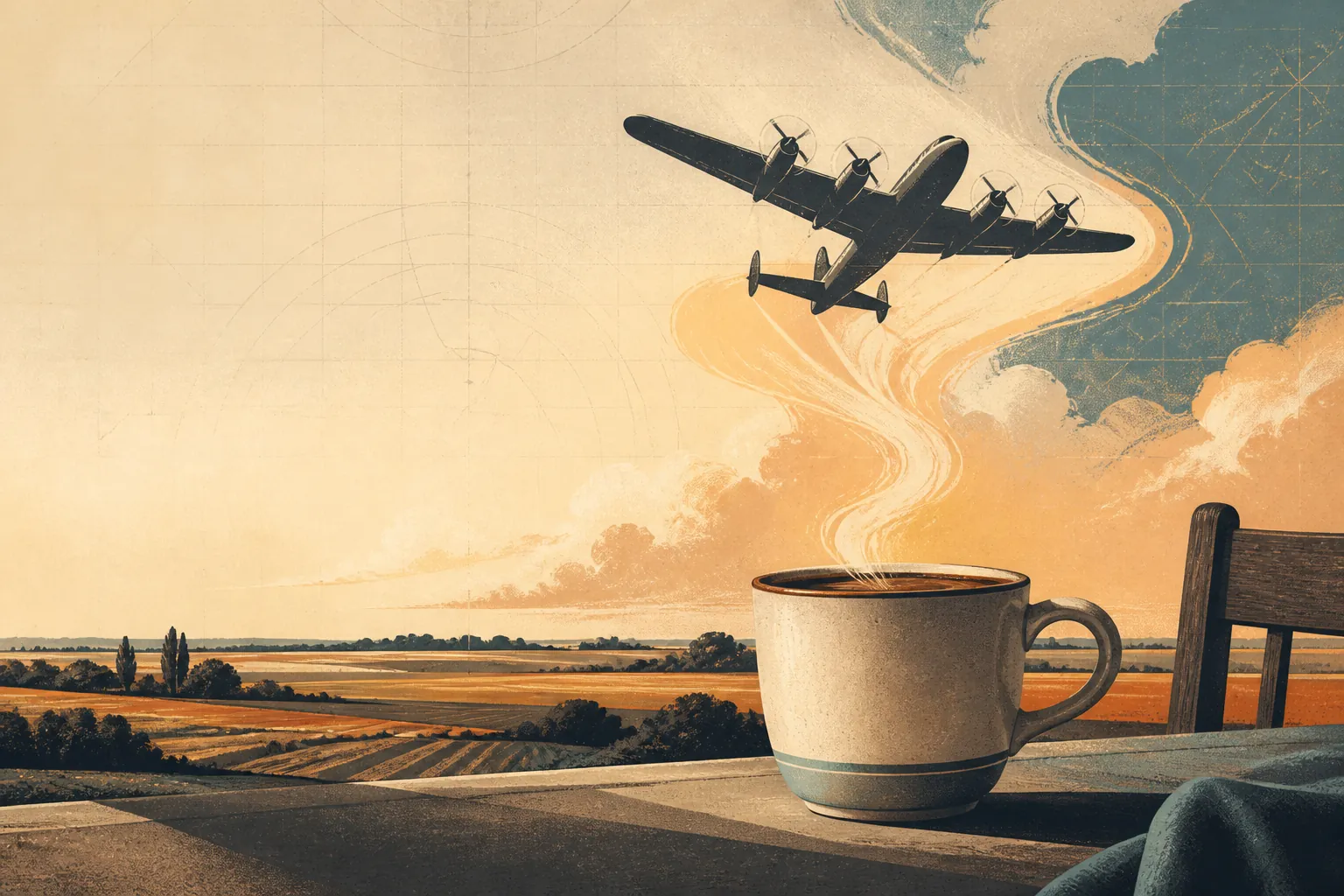 Illustration of morning coffee and a Lancaster aircraft over the Lincolnshire countryside